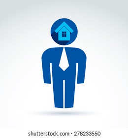 Silhouette of person standing in front - vector illustration of a real estate agent.  Delegate, consultant, white-collar worker. Vector house symbol, home icon. 