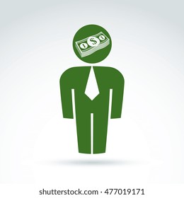 Silhouette of person standing in front - vector illustration of an financier.  Delegate, consultant, white-collar worker, CFO. Vector banking symbol, dollar currency icon, bundle of money.