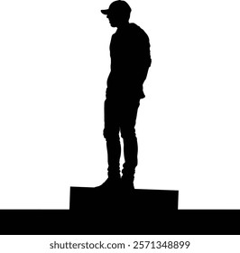 Silhouette of a person standing on a platform, looking away. A stark, simple image.