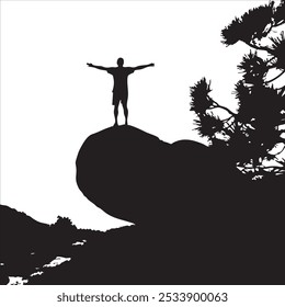 Silhouette of a person standing triumphantly on a rock, arms outstretched, against a clear sky.