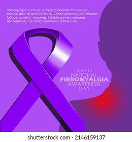 Silhouette Of A Person Suffering From Chronic Pain In The Shoulder And Neck With Purple Ribbon And Bold Texts On Purple Background, National Fibromyalgia Awareness Day May 12