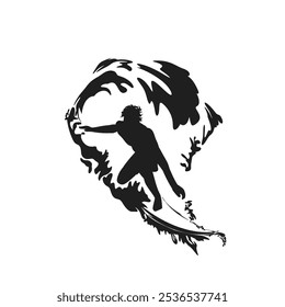 silhouette of a person surfing under the rolling waves of the sea without a background