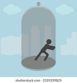 Silhouette of a person trying to escape from a glass dome