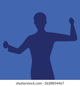 Silhouette of a person with an upward hand gesture against a blue background