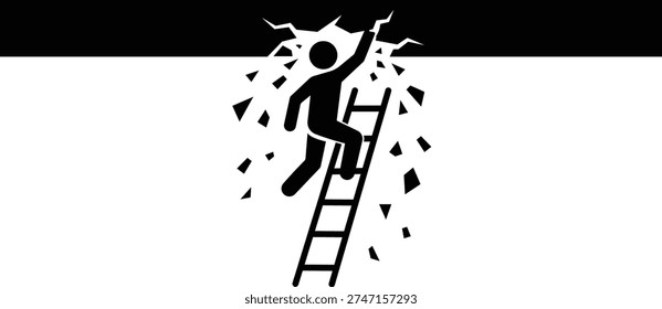 Silhouette of a person using a ladder to ascend from a dark pit, breaking through the ground above. Image represents overcoming obstacles, breaking free from confinement, and achieving progress through hard work and determination. Concept of success after struggle.
