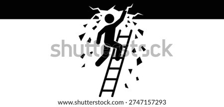 Silhouette of a person using a ladder to ascend from a dark pit, breaking through the ground above. Image represents overcoming obstacles, breaking free from confinement, and achieving progress through hard work and determination. Concept of success after struggle.