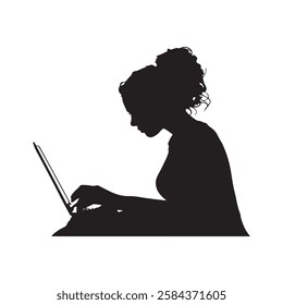 Silhouette of a person using a laptop on a desk isolated on white background