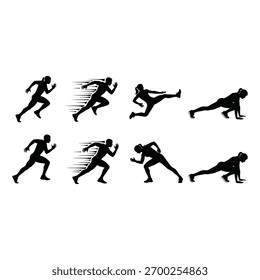 Silhouette of a person in various running and exercise poses for fitness and sport projects