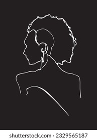 silhouette of a person. vector illustration. abstraction. art or poster. silhouette of a romantic curly young girl. one line. minimalism. black and white. shadow beautiful woman