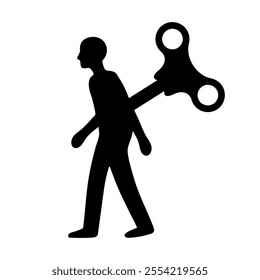 Silhouette of a person walking, controlled by a wind-up key in their back, symbolizing manipulation and lack of freedom