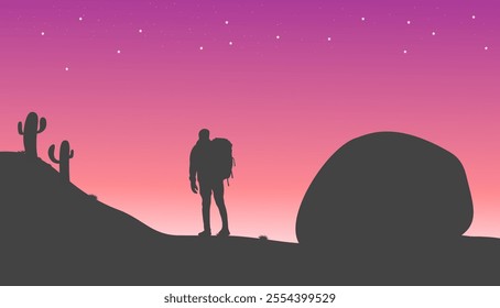 silhouette of a person walking in nature with beautiful sky, nature background concept