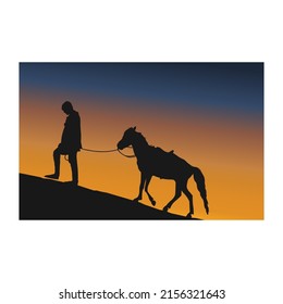 silhouette of person walking pulling horses at twilight sunset flat vector