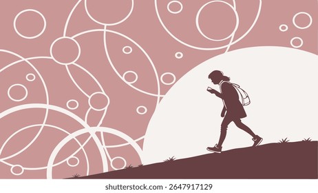 Silhouette of person walking uphill, engrossed in phone, against an abstract background of interconnected circles. Illustrates digital life, mobile technology, and connectivity.