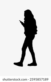 Silhouette of a person walking and using a phone. The figure is in profile, with casual attire. The person is engaged with their phone while walking. Doodle illustration vector.