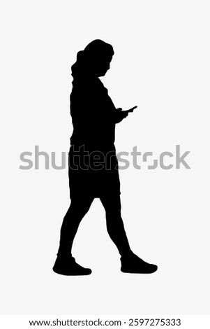 Silhouette of a person walking and using a phone. The figure is in profile, wearing casual clothing. The silhouette is simple and black against a white background. Vector illustration.