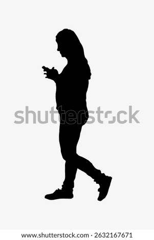 Silhouette of a person walking and using a phone. The person is focused on the phone, walking casually. Silhouette emphasizes the phone and walking action. Illustration vector.