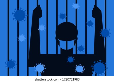 Silhouette of a person wearing mask stands behind bars. Concept for self quarantine