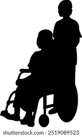 Silhouette of a person in a wheelchair and a caregiver pushing it