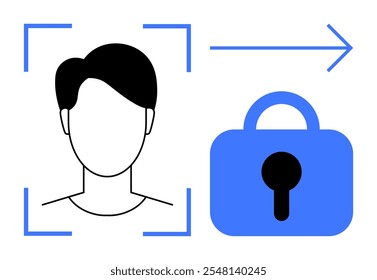 Silhouette of a person within a facial recognition frame next to a lock symbol with an arrow indicating secure access. Ideal for security, technology, privacy, authentication, and biometrics. Flat