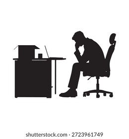 Silhouette of a person working at a desk with a computer and chair