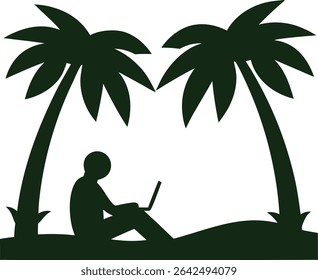 Silhouette of a person working on laptop under palm trees at the beach digital design
