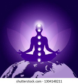 Silhouette of Person in yoga lotus asana sitting on planet Earth on dark blue purple background with lotus flower, seven chakras and lighting