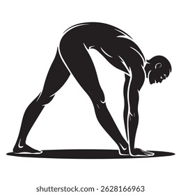a silhouette of a person in a yoga pose, bending over to touch their toes. the figure is black against a white background, showing balance