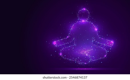 Silueta de una persona en una pose de yoga hecha de puntos brillantes y multicolores, que se asemejan a estrellas. Las partículas forman la figura serena, que simboliza el equilibrio, la atención plena y el flujo cósmico de energía.