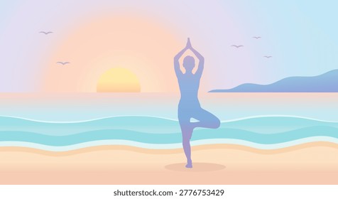 Silhouette of person in yoga tree pose on beach at sunrise with ocean waves and birds