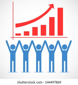 Silhouette personnel raising hands together with growing business statistic. Operation concept. Vector illustration.