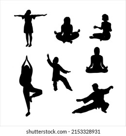 Silhouette of persons exercising in mental and body practicing. Yoga, tai chi, qigong, meditation concept.