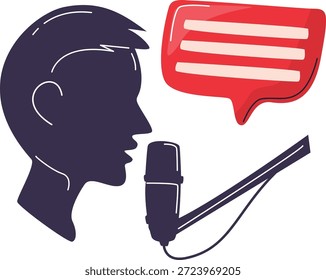 Una silueta de la cabeza de una persona hablando con un micrófono, acompañada de una burbuja de discurso roja con líneas, que simboliza la comunicación y la grabación de audio.