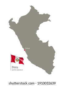 Silhouette of Peru country map. Gray editable map with waving national flag and Lima city capital, South America country territory borders vector illustration on white background