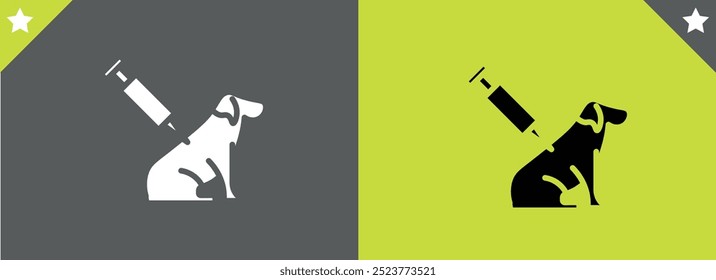 Silhouette pet vaccination icon. Outline animal chipping logo. Black illustration of microchip implantation with syringe, injection. Flat isolated vector on color background. Veterinary clinic emblem