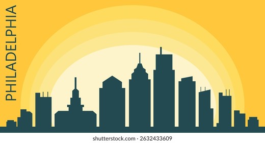 Silhouette of the Philadelphia skyline against the backdrop of the Big Yellow Sunset. The setting sun creates a gradient from bright yellow to orange.

