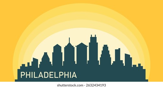  Silhouette of the Philadelphia skyline against the backdrop of the Big Yellow Sunset. The setting sun creates a gradient from bright yellow to orange