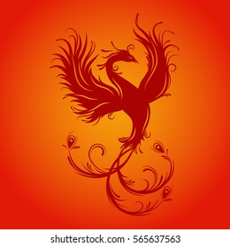 Silhouette of phoenix bird. Red fenix. Symbol of immortality. Fiery bird. 