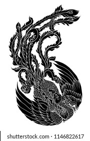 Silhouette Phoenix fire bird vector and illustration design for tattoo.Chinese Peacock in circle Silhouette and isolated on white background. Phoenix shadow in circle.