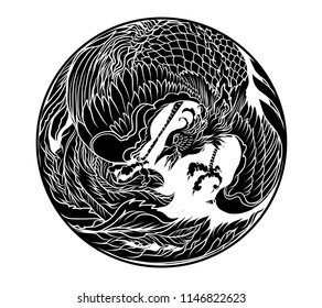 Silhouette Phoenix fire bird vector and illustration design for tattoo.Chinese Peacock in circle Silhouette and isolated on white background. 