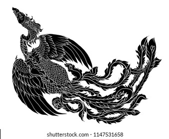 Silhouette Phoenix fire bird vector and illustration design for tattoo. Chinese Peacock isolated on white background. 