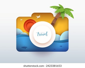 Silhouette photo camera and composition with nature summer beach landscape in creative 3d layer style. Modern bright minimal concept design. Vector illustration. 