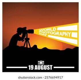 Silhouette of a photographer with a camera and tripod, commemorating World Photography Day under a vivid sunset sky, showcasing creativity and passion for photography on August 19. 