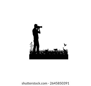 Silhueta de um fotógrafo capturando a vida selvagem em seu habitat natural sobre fundo branco