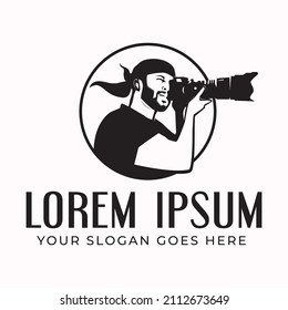 Silhouette of photographer company logo design with using man a camera shot. 