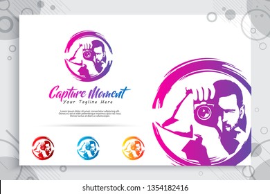 Silhouette Photography Vector Logo , Illustration Of Abstract Photographer Holding Lens As A Symbol Icon Of Photography Service Your Special Moment