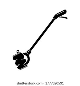 Silhouette Picking up garbage stick. Outline icon of litter picker gripper and crushed can. Black illustration of Long-reach grabber. Flat isolated vector on white background. Symbol of trash removal