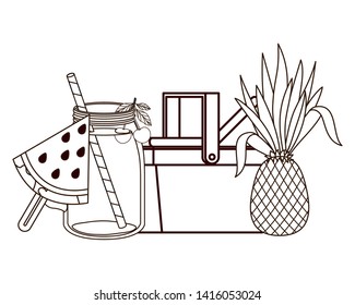 silhouette of picnic basket with refreshing drink for summer