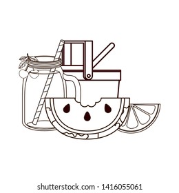 silhouette of picnic basket with refreshing drink for summer