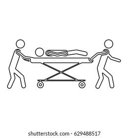 silhouette pictogram paramedics with patient in stretcher vector illustration