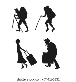 Silhouette pictogram of people. Travel and vacation. Hiking through the mountains and cruise vacation with baggage. Sketch style. Vector illustration